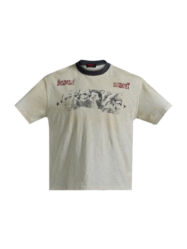 Vintage Distressed Spray Color Print Loose Dropped Shoulder Short Sleeves T-Shirt【s0000016476】