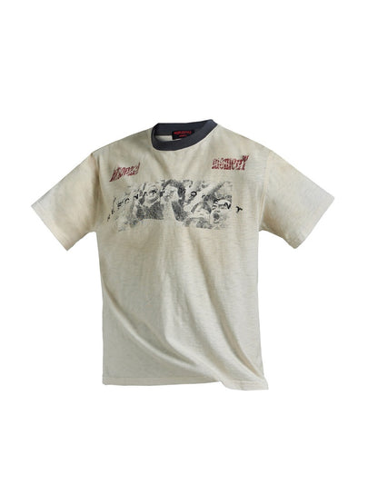 Vintage Distressed Spray Color Print Loose Dropped Shoulder Short Sleeves T-Shirt【s0000016476】