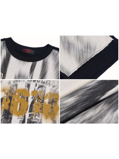 Smudged Faux Layered Badge Full Print Short Sleeve T-Shirt【s0000016477】