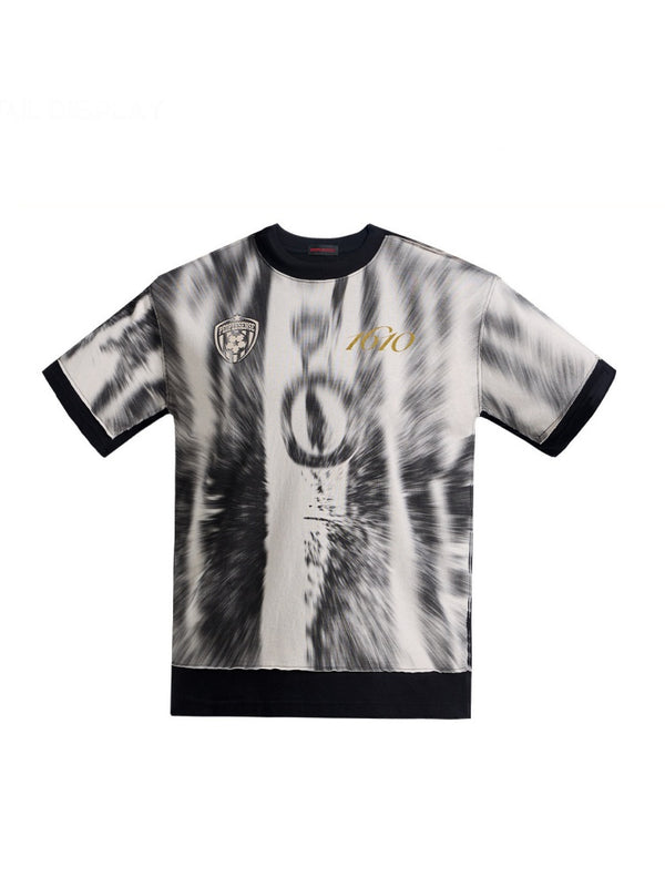 Smudged Faux Layered Badge Full Print Short Sleeve T-Shirt【s0000016477】