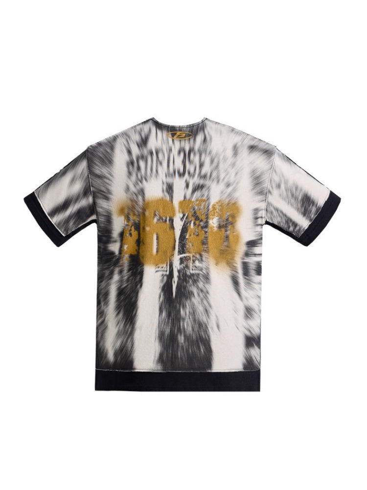 Smudged Faux Layered Badge Full Print Short Sleeve T-Shirt【s0000016477】