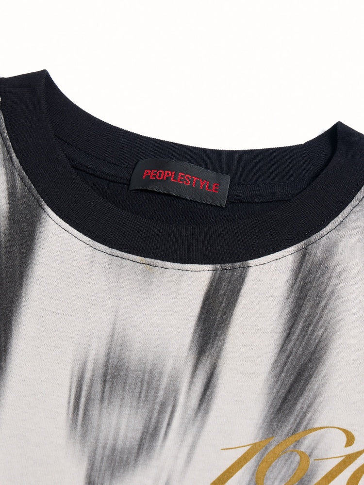 Smudged Faux Layered Badge Full Print Short Sleeve T-Shirt【s0000016477】