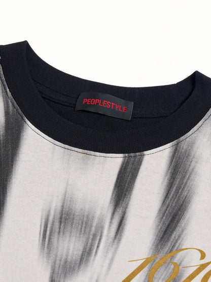 Smudged Faux Layered Badge Full Print Short Sleeve T-Shirt【s0000016477】