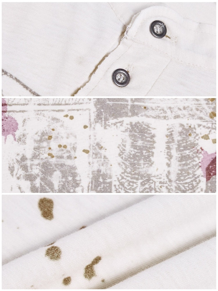 Vintage Creative Print Washed Distressed Slub Short Sleeve Henry Collar T-Shirt【s0000016478】