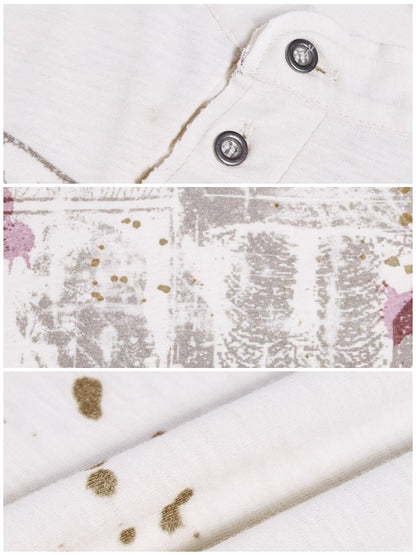 Vintage Creative Print Washed Distressed Slub Short Sleeve Henry Collar T-Shirt【s0000016478】