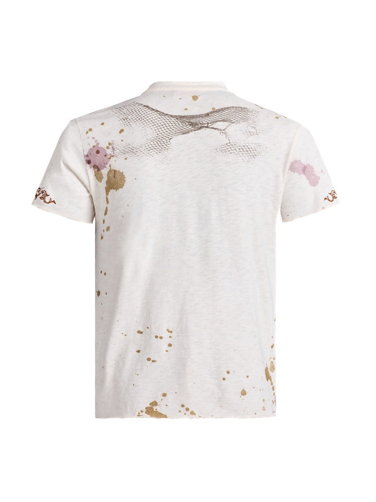 Vintage Creative Print Washed Distressed Slub Short Sleeve Henry Collar T-Shirt【s0000016478】
