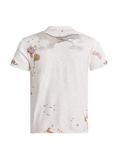 Vintage Creative Print Washed Distressed Slub Short Sleeve Henry Collar T-Shirt【s0000016478】
