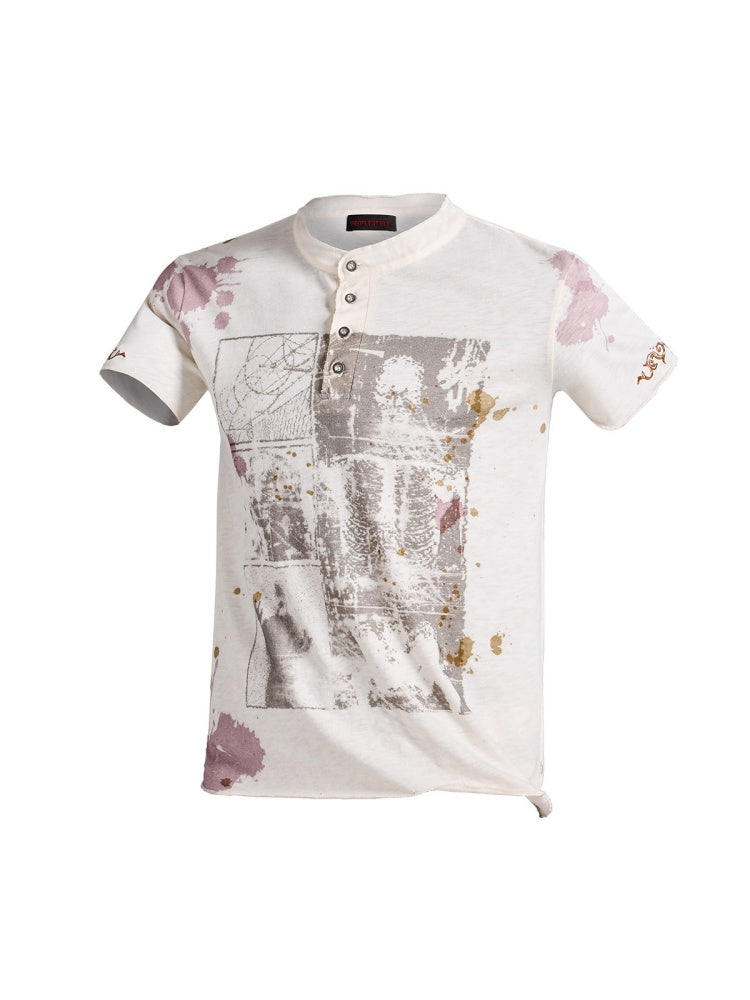 Vintage Creative Print Washed Distressed Slub Short Sleeve Henry Collar T-Shirt【s0000016478】