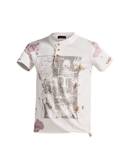 Vintage Creative Print Washed Distressed Slub Short Sleeve Henry Collar T-Shirt【s0000016478】