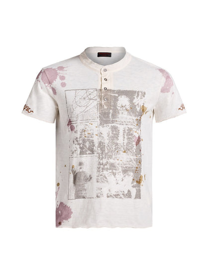 Vintage Creative Print Washed Distressed Slub Short Sleeve Henry Collar T-Shirt【s0000016478】