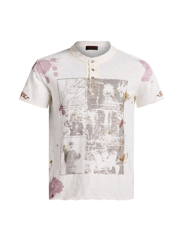 Vintage Creative Print Washed Distressed Slub Short Sleeve Henry Collar T-Shirt【s0000016478】