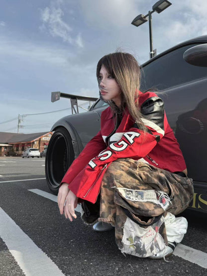 Spice Girl Leather Stitch work Embroidered Racing Suit Biker Jacket【s0000016480】
