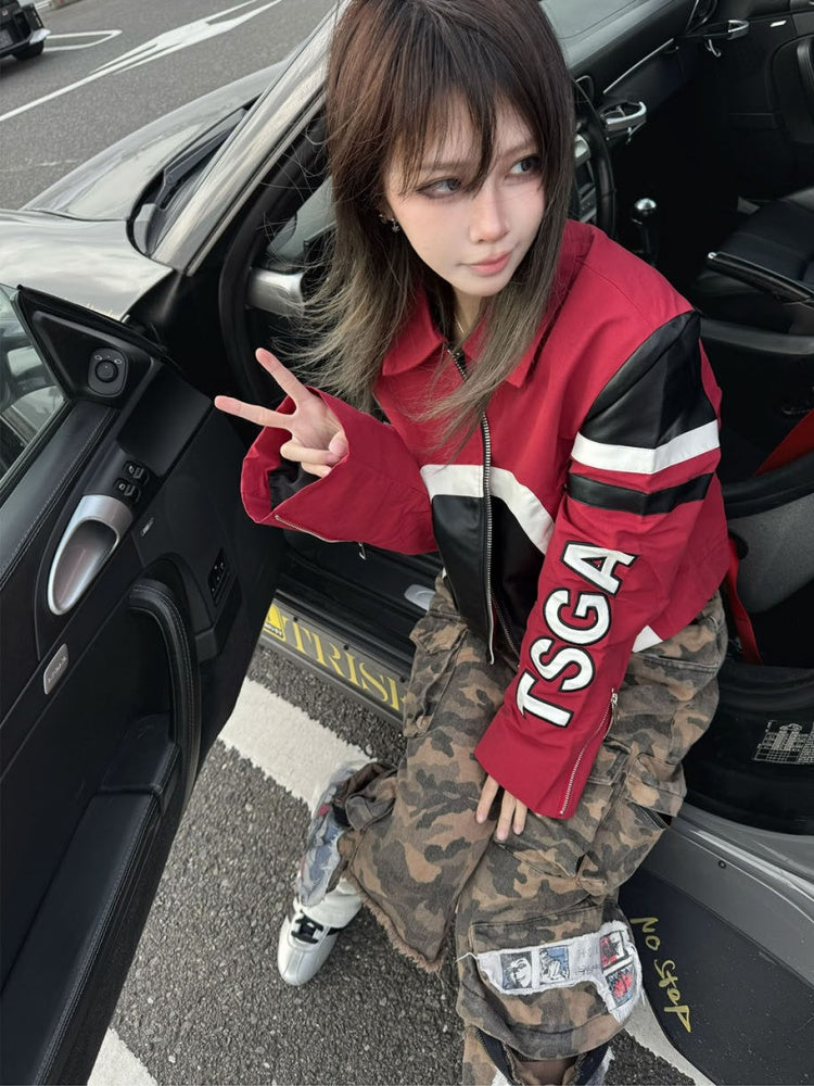 Spice Girl Leather Stitch work Embroidered Racing Suit Biker Jacket【s0000016480】