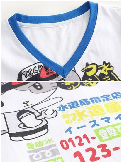 Waterway Kitten Graffiti Print Polka Dot Faux Layered Stitching Long Sleeve T-Shirt【s0000016481】