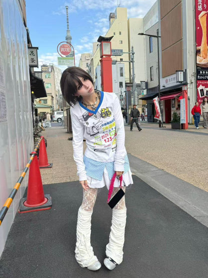 Waterway Kitten Graffiti Print Polka Dot Faux Layered Stitching Long Sleeve T-Shirt【s0000016481】
