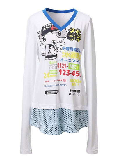 Waterway Kitten Graffiti Print Polka Dot Faux Layered Stitching Long Sleeve T-Shirt【s0000016481】