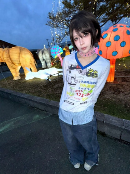 Waterway Kitten Graffiti Print Polka Dot Faux Layered Stitching Long Sleeve T-Shirt【s0000016481】