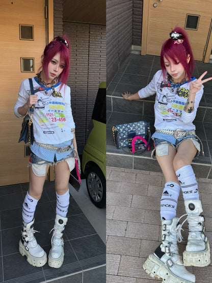 Waterway Kitten Graffiti Print Polka Dot Faux Layered Stitching Long Sleeve T-Shirt【s0000016481】