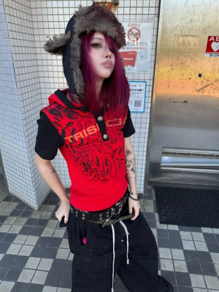 Leopard Print Color-Blocked Two-Tone Short Sleeve Polo Hoodie【s0000016482】