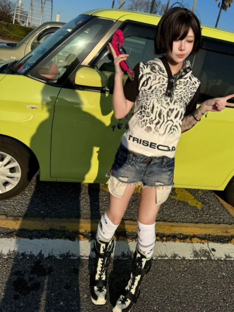Leopard Print Color-Blocked Two-Tone Short Sleeve Polo Hoodie【s0000016482】