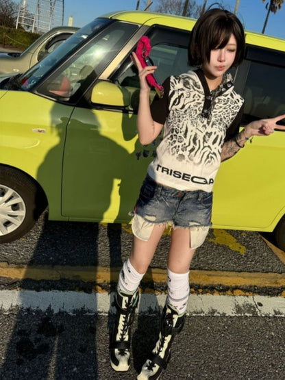 Leopard Print Color-Blocked Two-Tone Short Sleeve Polo Hoodie【s0000016482】