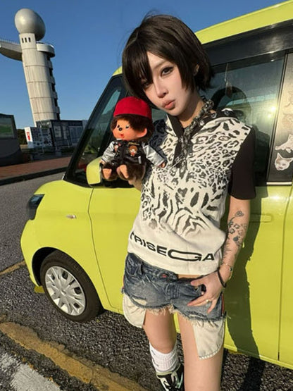 Leopard Print Color-Blocked Two-Tone Short Sleeve Polo Hoodie【s0000016482】