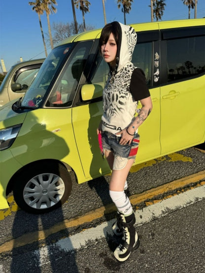 Leopard Print Color-Blocked Two-Tone Short Sleeve Polo Hoodie【s0000016482】