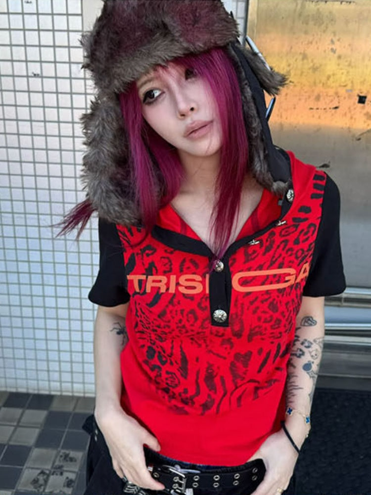 Leopard Print Color-Blocked Two-Tone Short Sleeve Polo Hoodie【s0000016482】