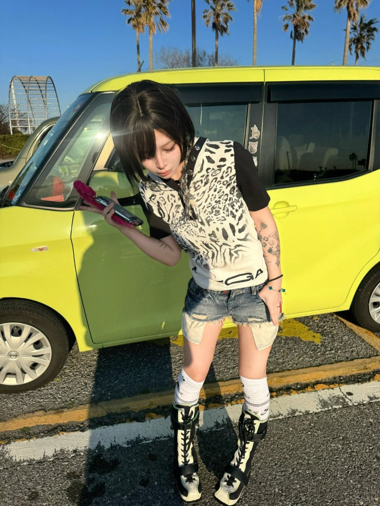 Leopard Print Color-Blocked Two-Tone Short Sleeve Polo Hoodie【s0000016482】