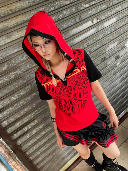 Leopard Print Color-Blocked Two-Tone Short Sleeve Polo Hoodie【s0000016482】