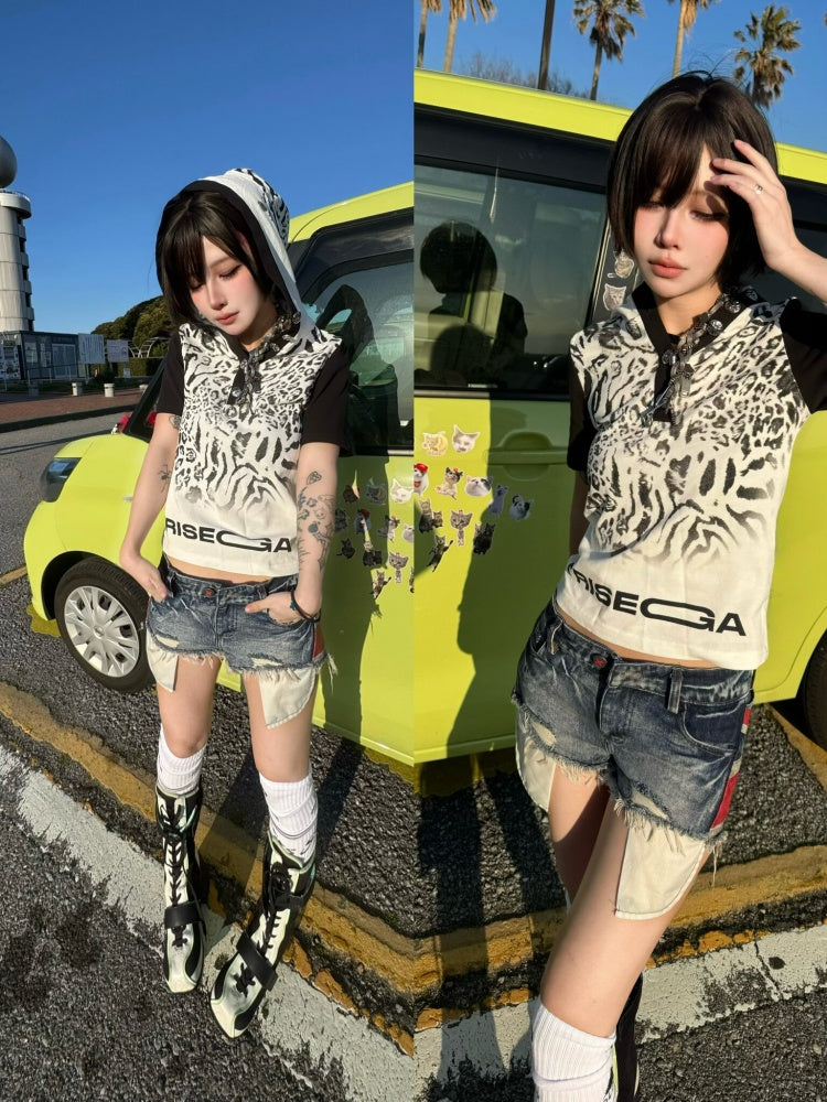 Leopard Print Color-Blocked Two-Tone Short Sleeve Polo Hoodie【s0000016482】