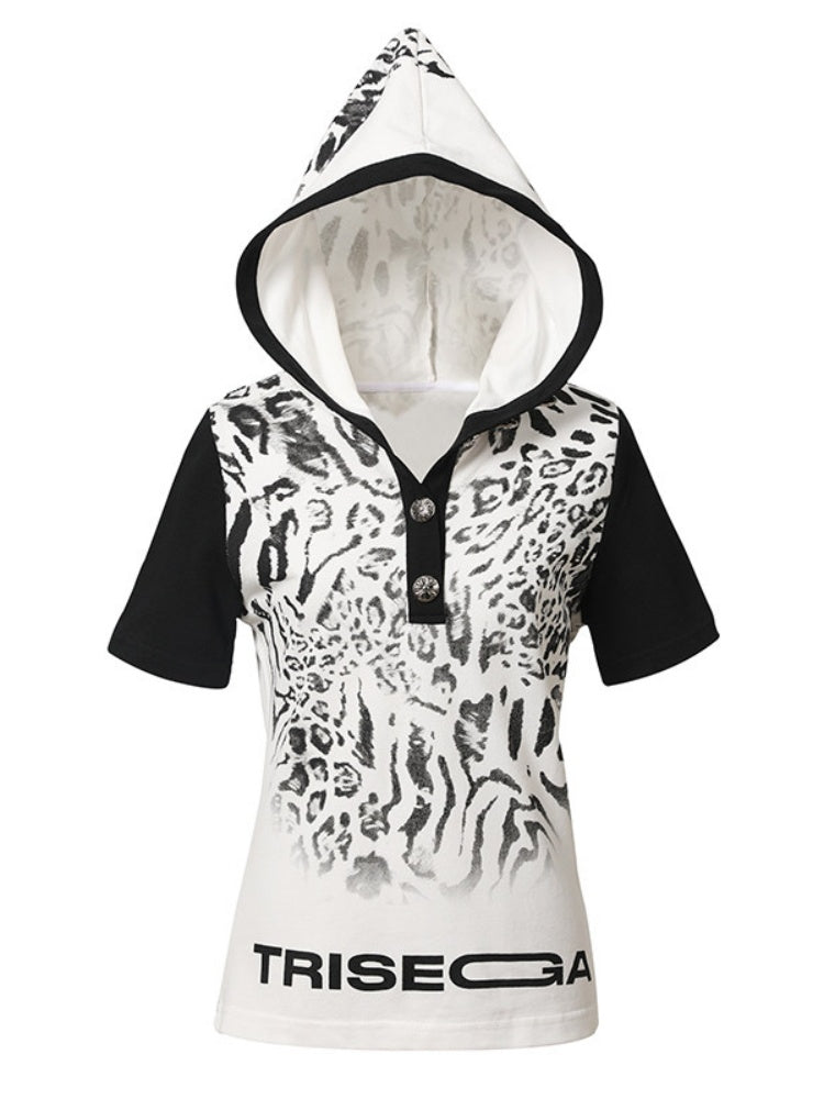 Leopard Print Color-Blocked Two-Tone Short Sleeve Polo Hoodie【s0000016482】