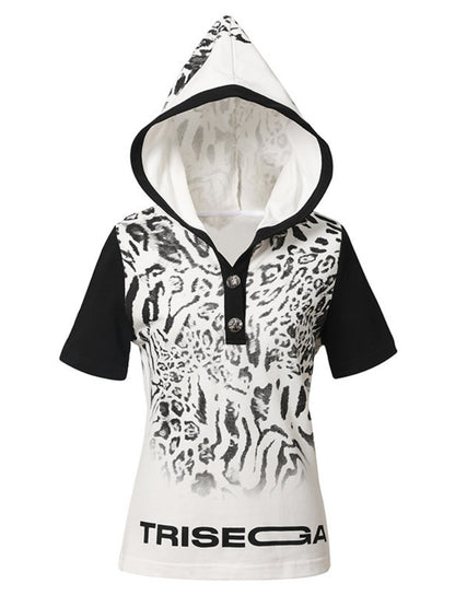 Leopard Print Color-Blocked Two-Tone Short Sleeve Polo Hoodie【s0000016482】
