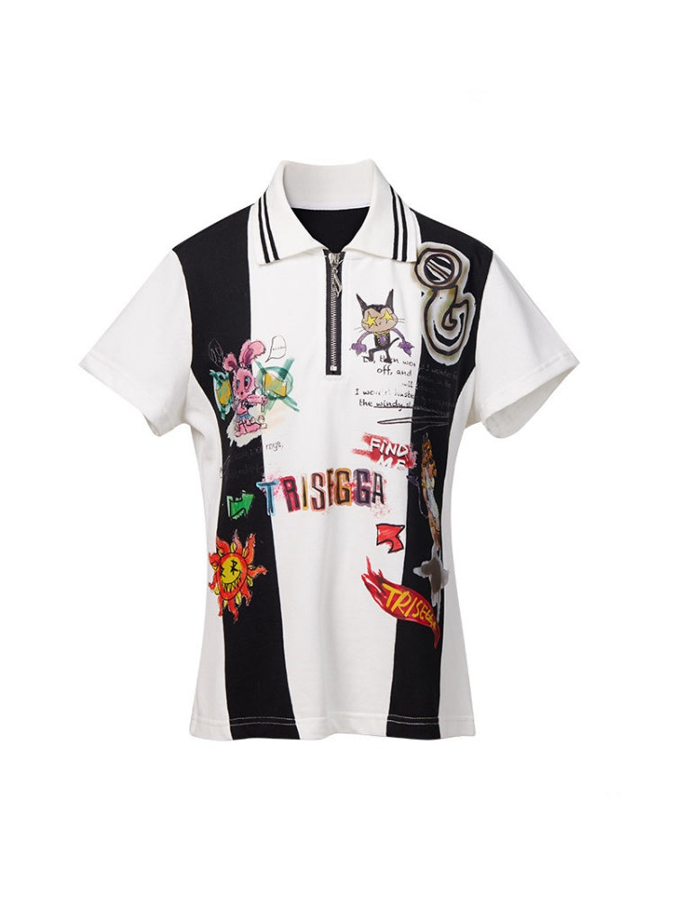 Graffiti Hand-Painted Graffiti Print Zipper Short Sleeve Polo Shirt【s0000016483】