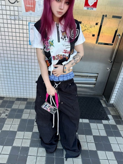 Graffiti Hand-Painted Graffiti Print Zipper Short Sleeve Polo Shirt【s0000016483】