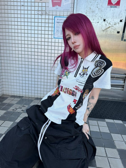 Graffiti Hand-Painted Graffiti Print Zipper Short Sleeve Polo Shirt【s0000016483】