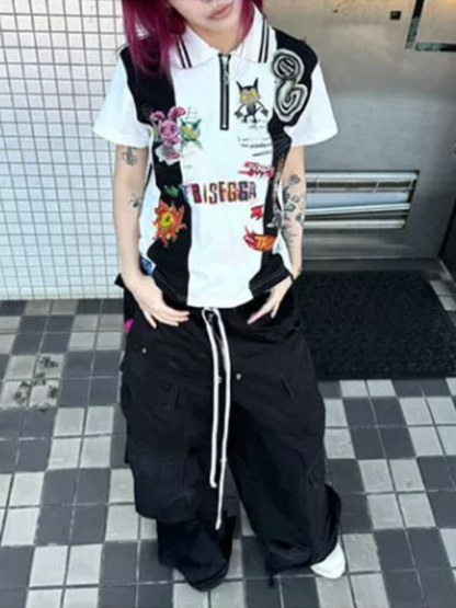 Graffiti Hand-Painted Graffiti Print Zipper Short Sleeve Polo Shirt【s0000016483】