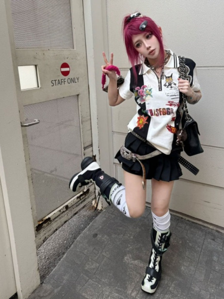 Graffiti Hand-Painted Graffiti Print Zipper Short Sleeve Polo Shirt【s0000016483】