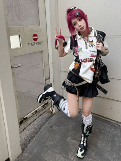 Graffiti Hand-Painted Graffiti Print Zipper Short Sleeve Polo Shirt【s0000016483】