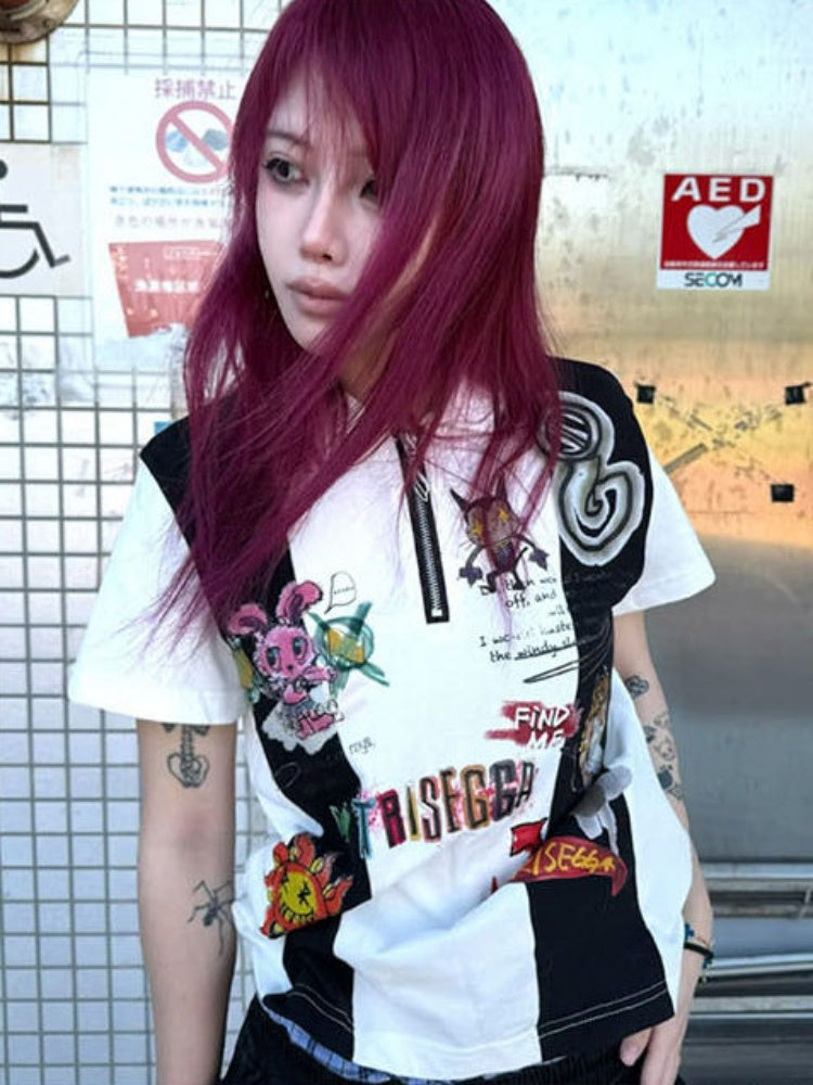 Graffiti Hand-Painted Graffiti Print Zipper Short Sleeve Polo Shirt【s0000016483】