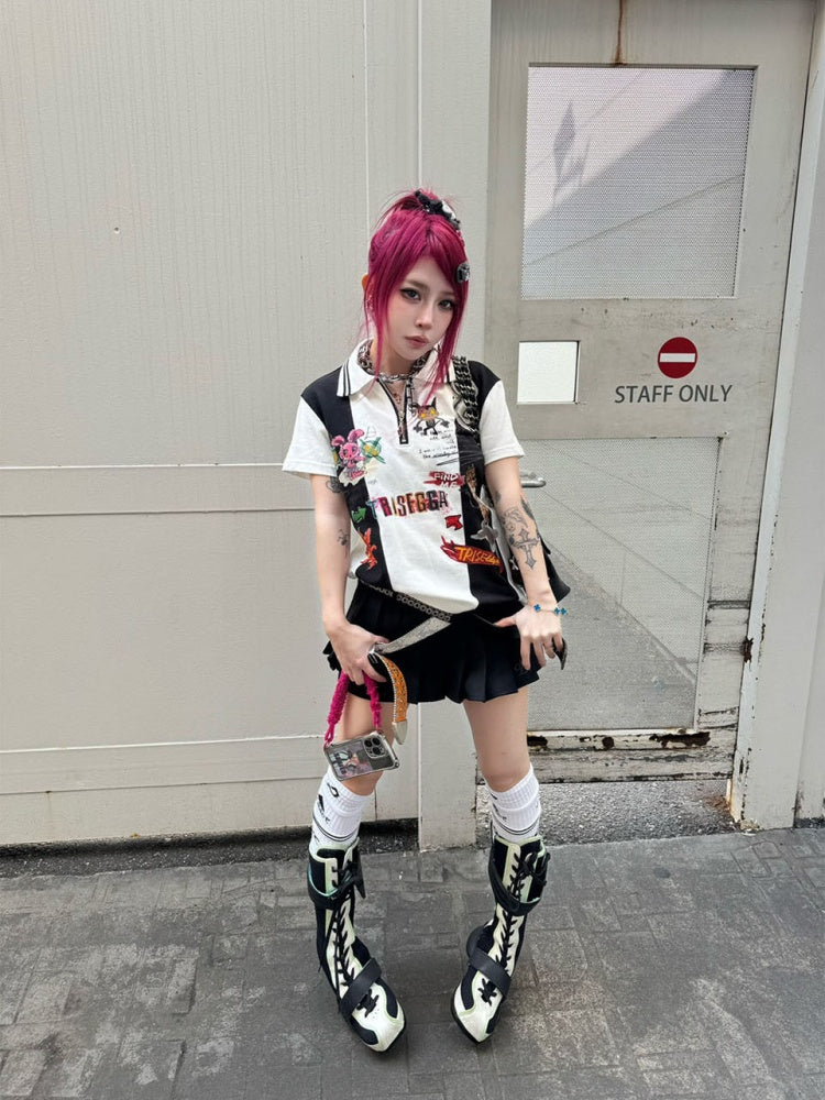 Graffiti Hand-Painted Graffiti Print Zipper Short Sleeve Polo Shirt【s0000016483】