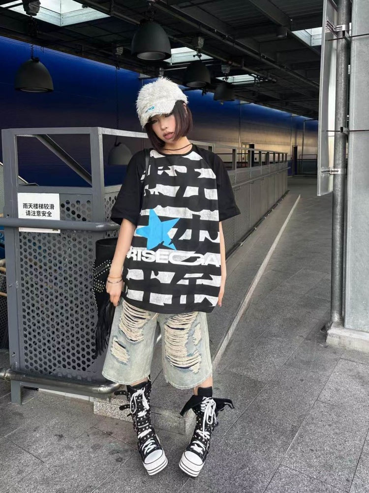 Sad Stripe Distressed Text Print Short Sleeve T-Shirt【s0000016484】