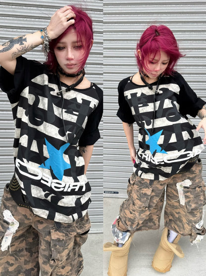 Sad Stripe Distressed Text Print Short Sleeve T-Shirt【s0000016484】