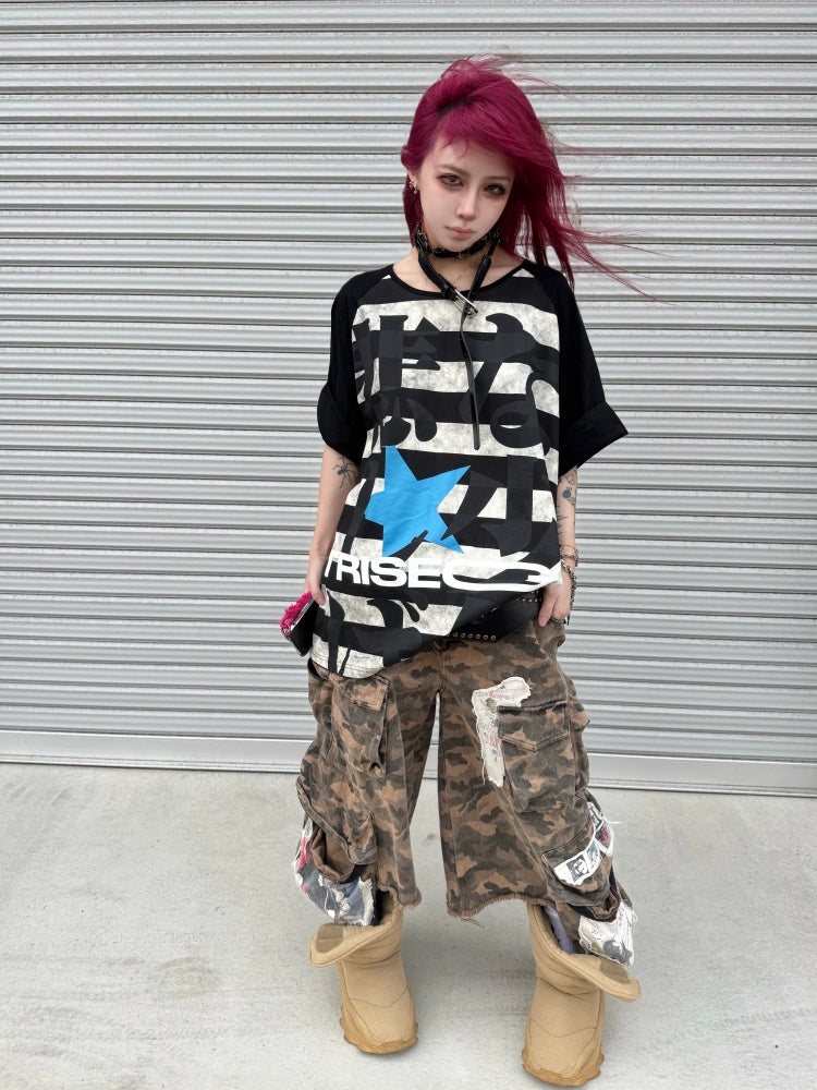 Sad Stripe Distressed Text Print Short Sleeve T-Shirt【s0000016484】