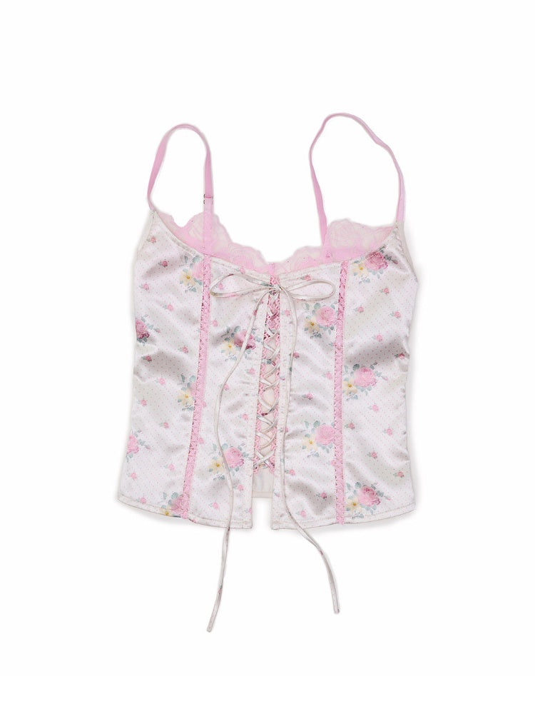 Faux Layered Lace-Up Satin Lace Fishbone Camisole【s0000016575】