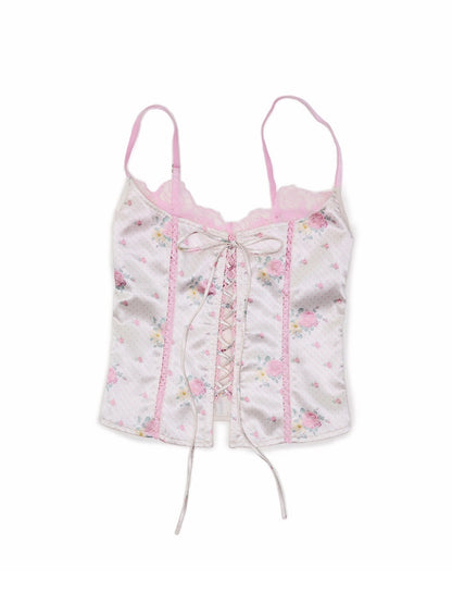 Faux Layered Lace-Up Satin Lace Fishbone Camisole【s0000016575】