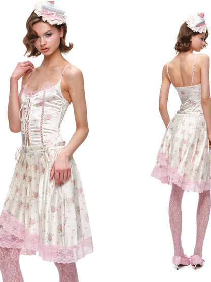 Faux Layered Lace-Up Satin Lace Fishbone Camisole【s0000016575】
