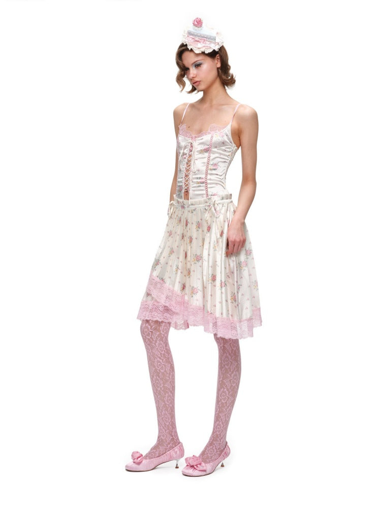 Faux Layered Lace-Up Satin Lace Fishbone Camisole【s0000016575】