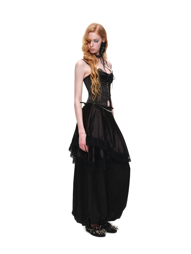 Faux Layered Lace-Up Satin Lace Fishbone Camisole【s0000016575】