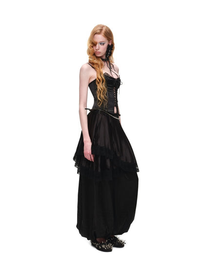 Faux Layered Lace-Up Satin Lace Fishbone Camisole【s0000016575】